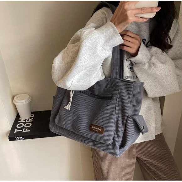 Women Corduroy Tote Bag Large Multi Pockets Casual Shoulder Bag for Work Travel - Picture 2 of 7